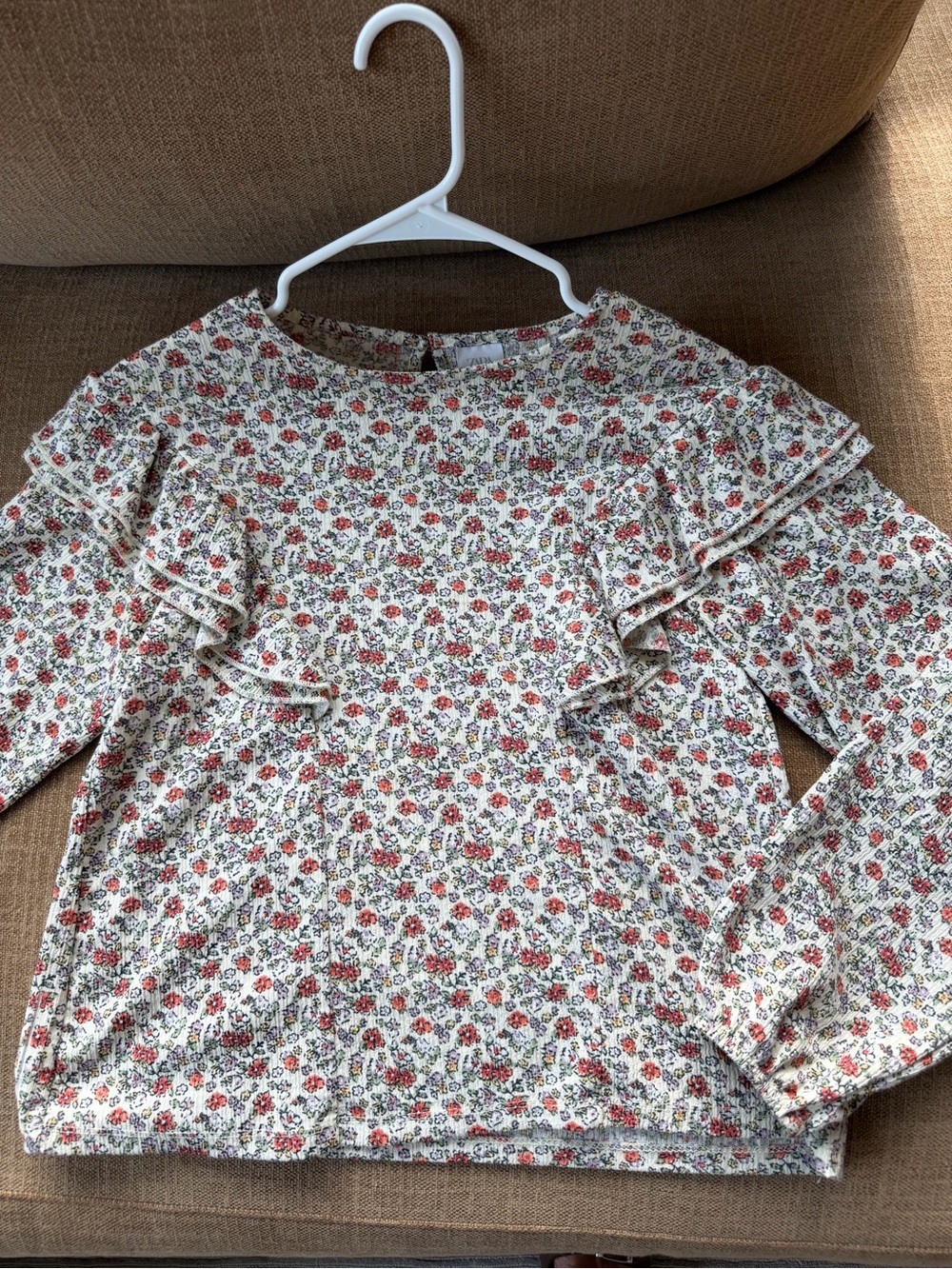 Zara Floral Ruffle Long-Sleeve Top - Cream with Red & Green Floral Print